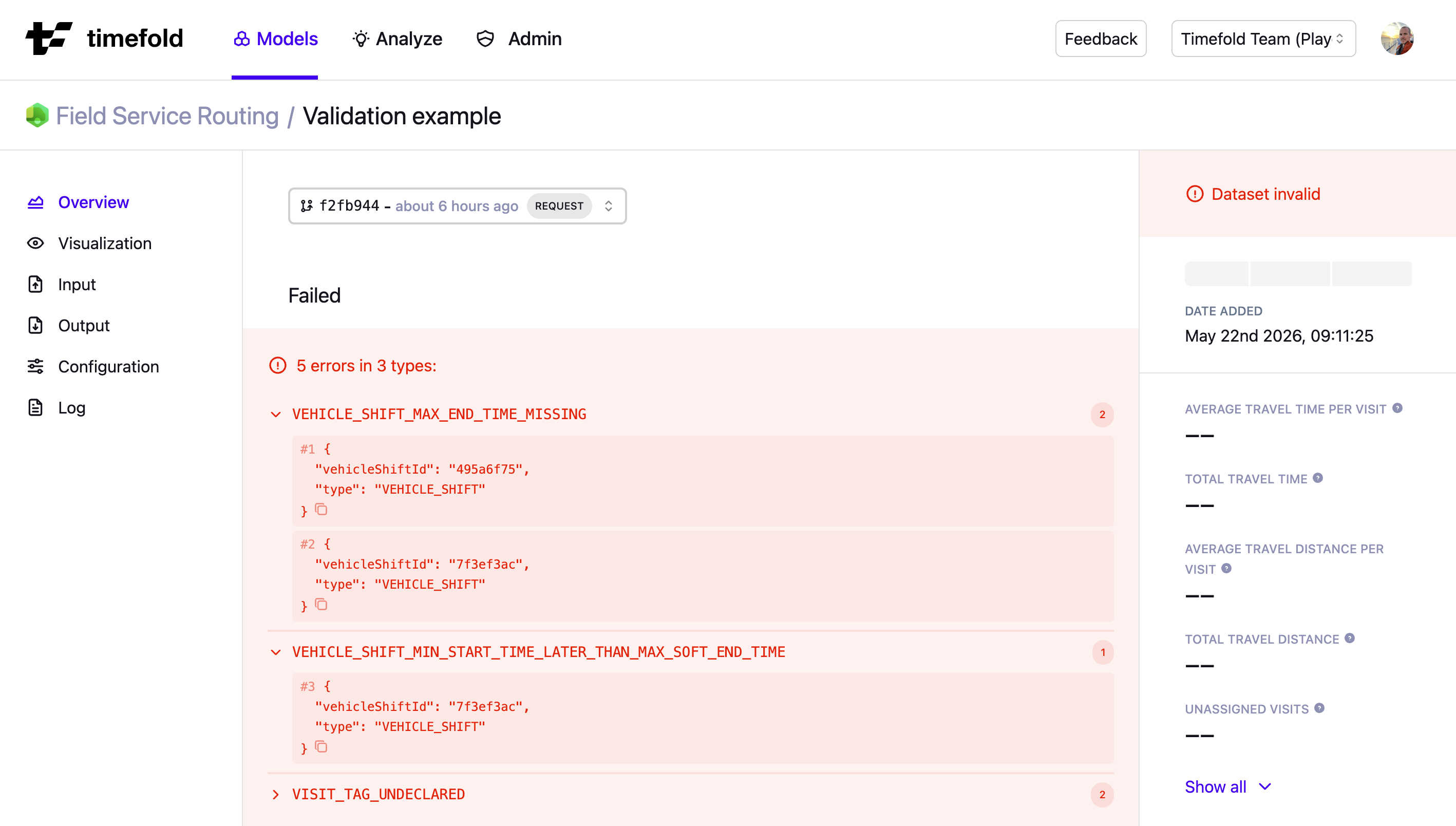 Platform UI showing a dataset in the invalid state with a list of five validation errors in three types