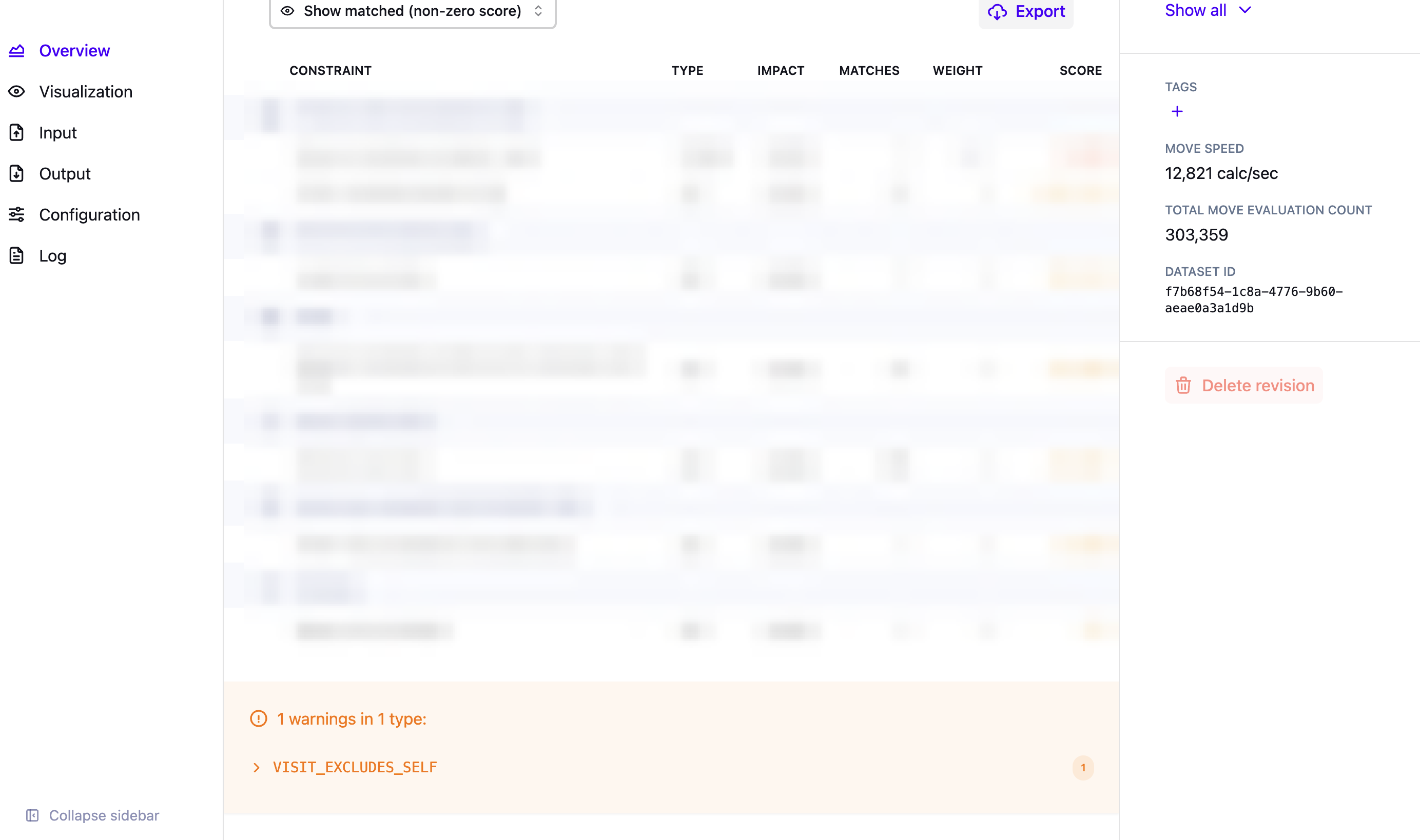Platform UI showing the score analysis table with 1 validation warning listed below it