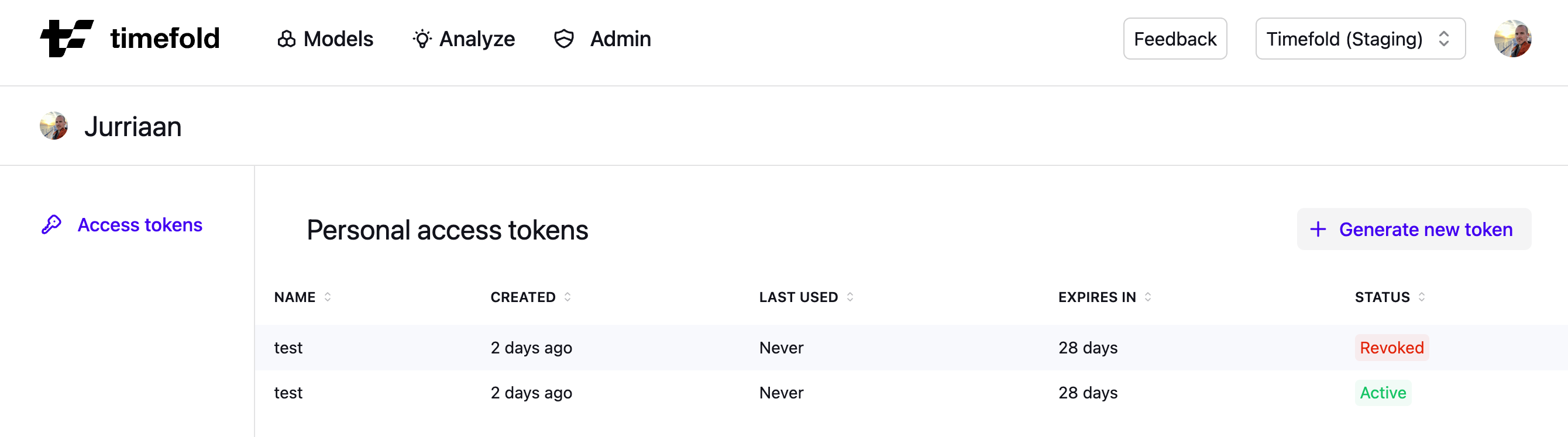 Access tokens overview showing the token list and the Generate new token button