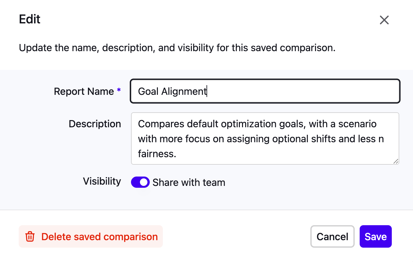 Saving a comparison for later, including privacy settings