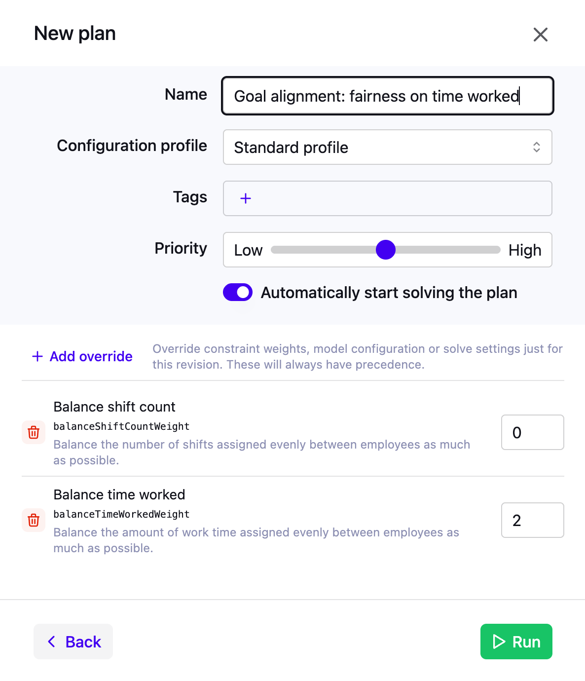 Configuration overrides in the submit dialog