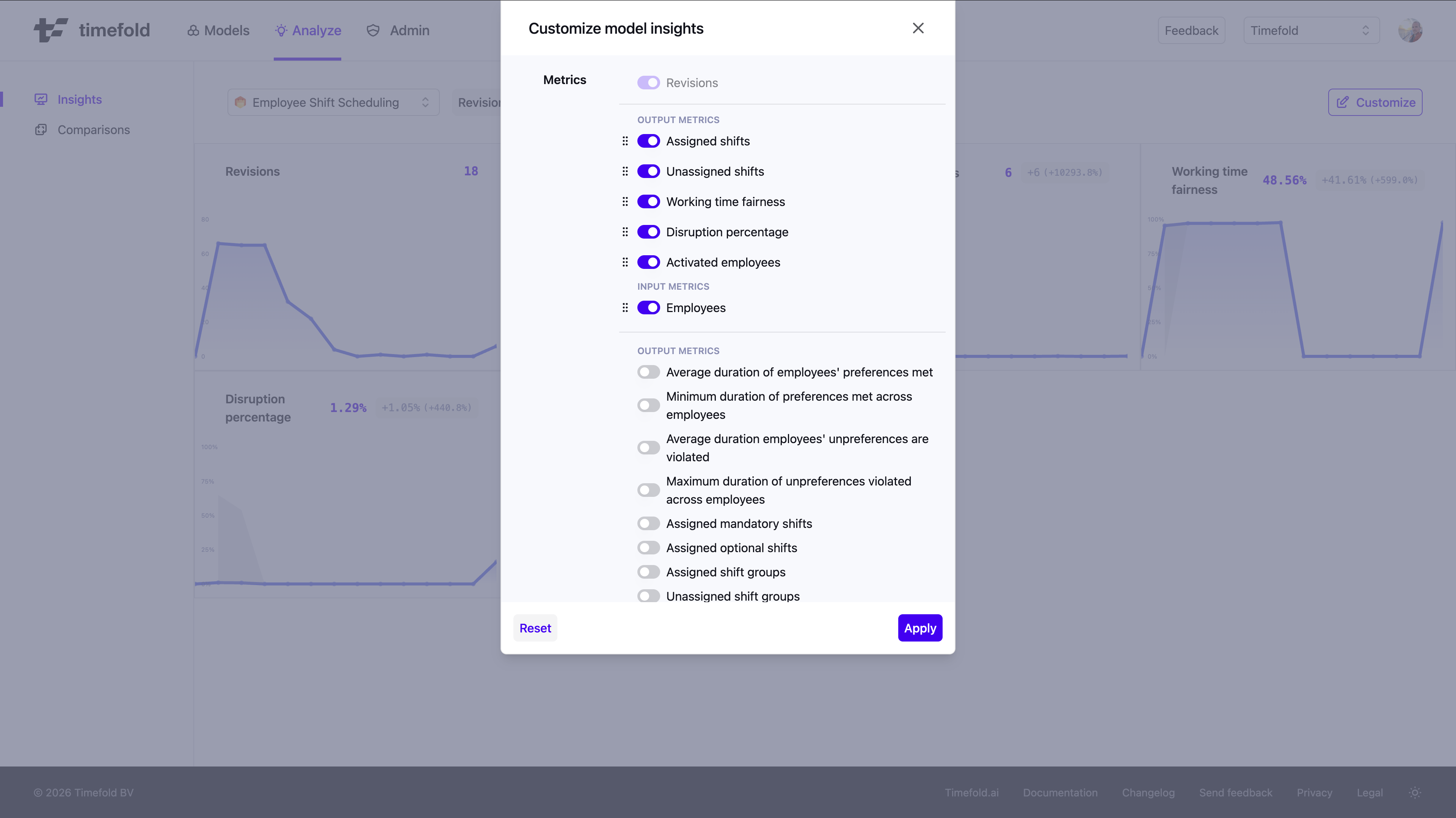 Customize dialog showing metric visibility toggles and drag handles
