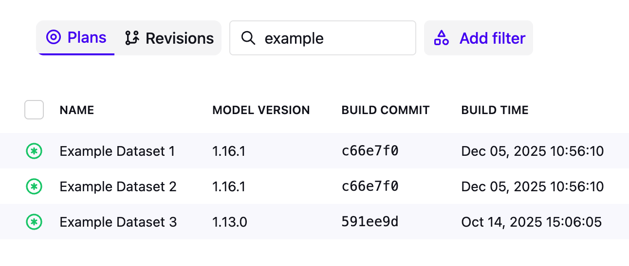 Datasets' model version details